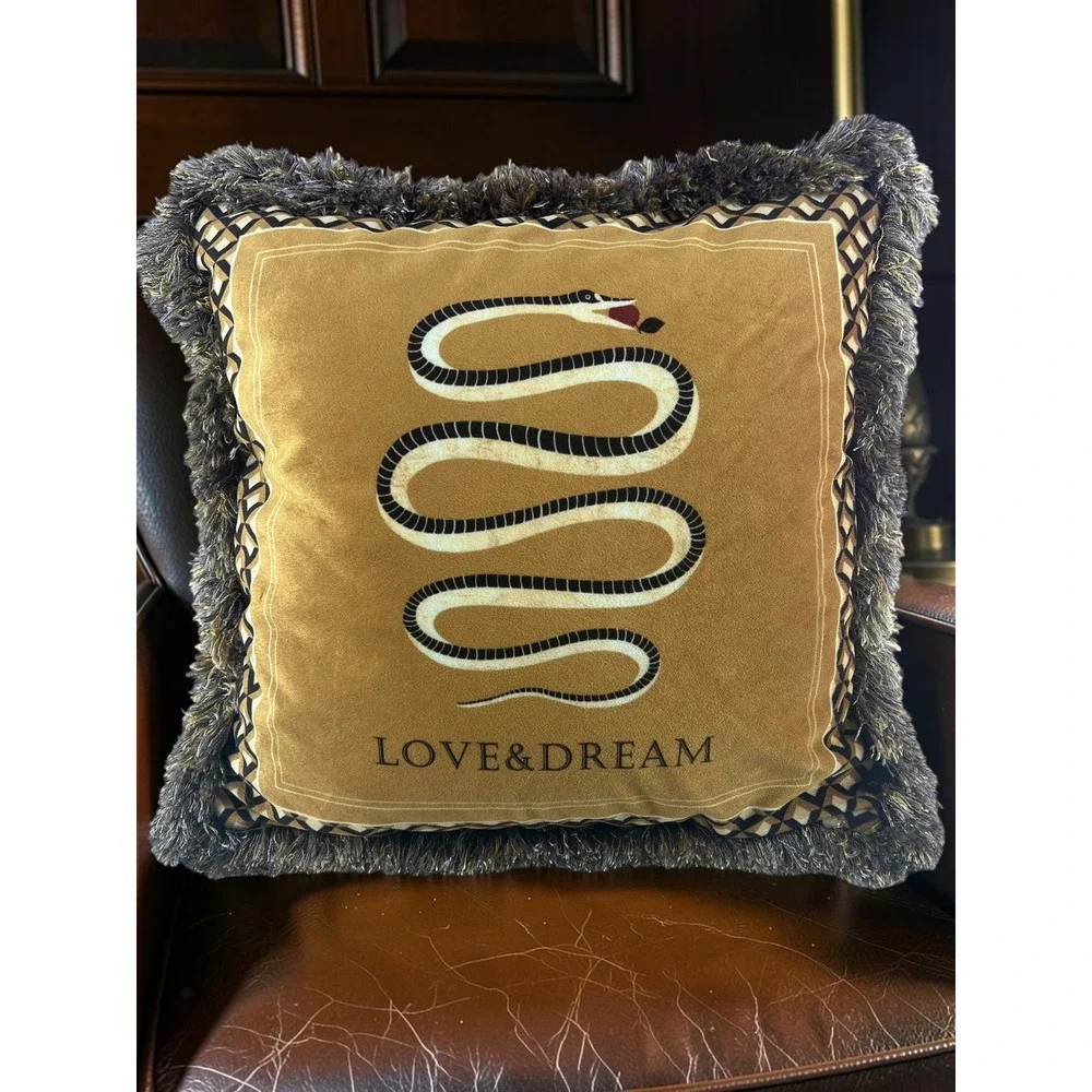 Velvet Snake Throw Pillow Love & Dream Gold Fringe Boho Gothic Maximalist Decor